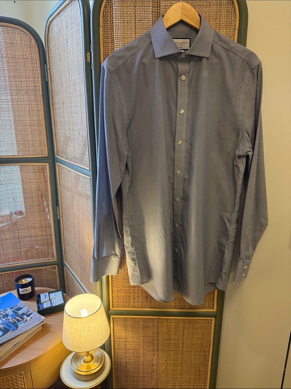 Charles Tyrwhitt Slim Fit Non Iron Dress Shirt 16/35 Dark Blue Stripe